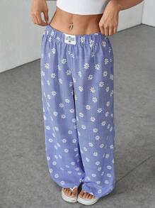 SHEIN PETITE 女士字母贴花、雏菊花卉格子图案休闲阔腿裤 - 藍色 - 查看 6