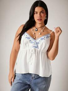 SHEIN VCAY 大码刺绣荷叶边下摆前系带露背休闲吊带背心