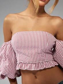 MISSGUIDED Puff Sleeve Gingham Crop Top Off Shoulder Ruffle Hem Bardot Summer Festival Trending Fashion Statement Piece Lightweight Vacation Holiday