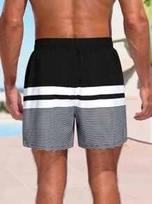 Surfspeed Men Loose Striped Beach Shorts In Vacation Style Milk Silk Lining,Hawaiian - Black - View 2