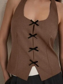 Femmeiva Women's Bow Decor Fashion Halter Neck Camisole - Khaki - View 5