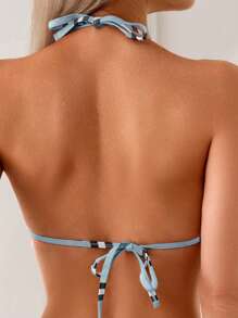 SHEIN 2pcs/Set Women Striped Trim Printed Halter Triangle Bikini Top & Swim Bottoms Swimwear