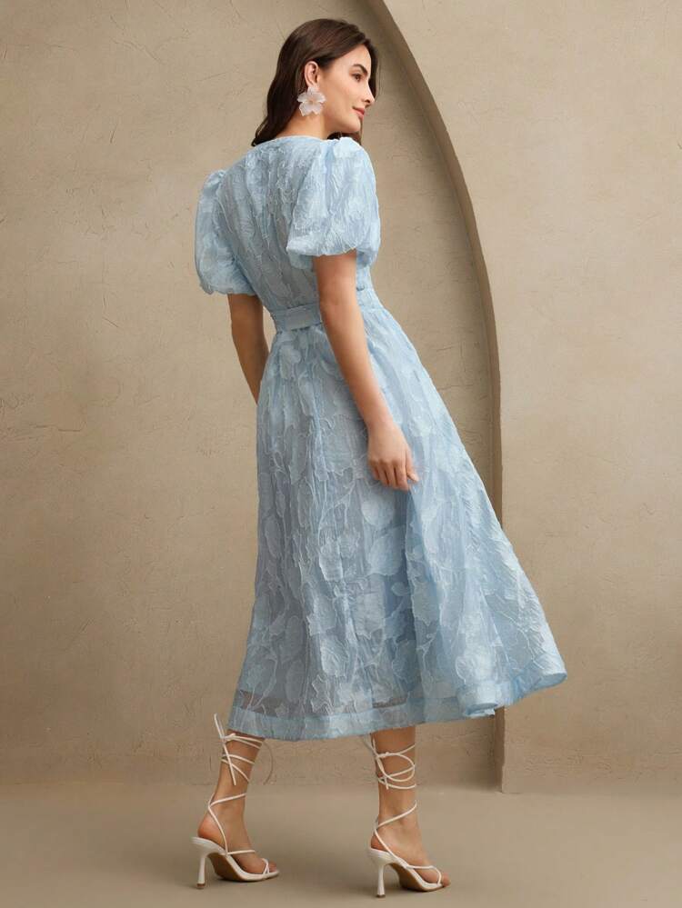 Women's Elegant Romantic V-Neck Puff Sleeve Cinched Waist Lace Trim Flare Hem Dress, Suitable For Dates, Banquets, Spring Outfits, Summer Clothes, Festivals, Holidays, Casual, Vacation