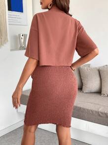 SHEIN Set de maternidad de 2 piezas: camisa de manga larga de unicolor y falda tipo A, moda minimalista, apta para el verano