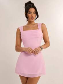 SHEIN BAE Gaun Mini Tanpa Lengan dengan Leher Persegi Warna Pink Lembut untuk Pesta Malam Musim Panas, Gaun Pastel untuk Wanita Cocok untuk Liburan Pantai, Pesta, dan Kolam Renang - Baby Pink - View 6