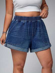 SHEIN EZwear Pantalones vaqueros de talla grande, sencillos y de moda, adecuados para el verano - Azul lavado oscuro - Ver 4