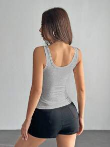 SHEIN PETITE Casual All-Match White Cami Top With Deep U-Neck And Racerback