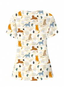 PopScrub 可爱卡通动物吉祥印花 V 领短袖口袋护士手术服上衣，手术服上衣印花 V 领磨砂手术服上衣，休闲短袖工作服，女式甜心 V 领褶皱衬衫，女式短袖 V 领护士手术服衬衫，带 2 个口袋，柔软弹力褶皱图案 T 恤春夏 - 彩色 - 查看 2