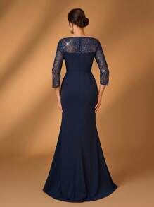 Serin Elegant Luxurious Sheer Long Sleeve Embroidered Sequin Lace Patchwork Elastic Knit Butterfly Frill Ruffle Mermaid Hem Dress, Suitable For Wedding, Party, Vacation, Prom, Bridal Mother Formal Gown - Navy Blue - View 4