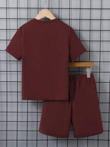 SHEIN 2pcs/Set Tween Boy Solid Color Round Neck Short Sleeve T-Shirt And Shorts, Minimalist And Fashionable For Summer