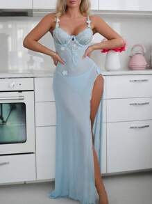 2 Pieces Set: Romantic Lace Applique High Slit Maxi Dress - Baby Blue - View 4