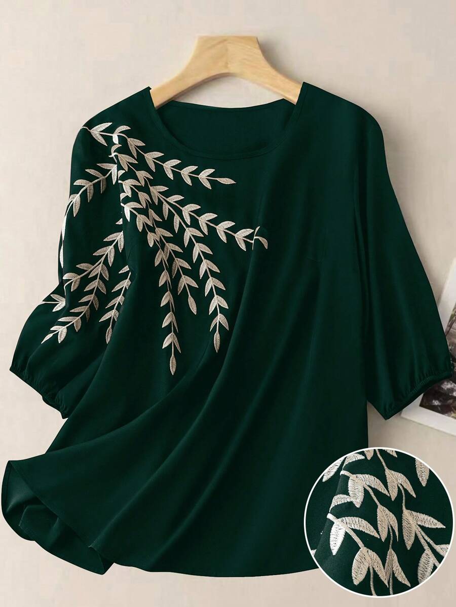 SHEIN LUNE 大码女式优雅撞色领抽绳印花衬衫 - 墨綠色 - 查看 1