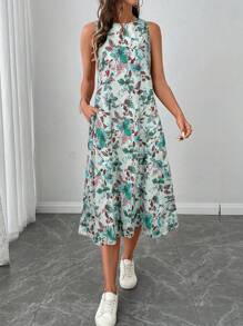 SHEIN LUNE Robe mi-mollet vintage à col rond sans manches avec ourlet évasé, imprimé floral élégant et décontracté pour femmes - Vert - Voir 4