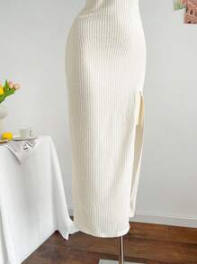 Soleia 女士杏色针织纹理抹胸扭纹紧身高开叉连衣裙，适合派对、约会、下午茶、婚礼、音乐节、西式、海滩度假、夏季装 - 米色 - 查看 6