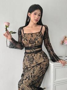 Modelyn Women Floral Lace Camisole Top And Spaghetti Strap Dress Elegant 2 Pieces Set - Black - View 8