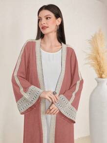 Al Najma Patchwork Ribbon Decor Loose Abaya With Bell Sleeves And Open Front, Muslim Fashion Abaya For Casual/Festival/Gathering/Travel, Modest Robe - Dusty Pink - View 1