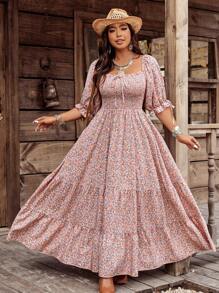 Ceyna 大码女式波西米亚风复古方领浪漫碎花多层连衣裙，适合节日 - 彩色 - 查看 4