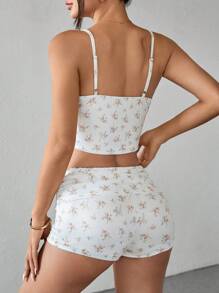 SHEIN PETITE 女款夏季休閒碎花抓皺修身細肩帶迷你短褲兩件套，適合嬌小女性 - 白色 - 查看 2