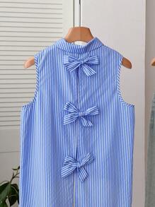 Franclia 女士休闲度假蓝白条纹蝴蝶结不对称下摆衬衫