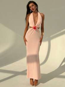 Aloruh Women's Minimalist Solid Color Deep V-Neck Dress, Summer - Yellow - View 1