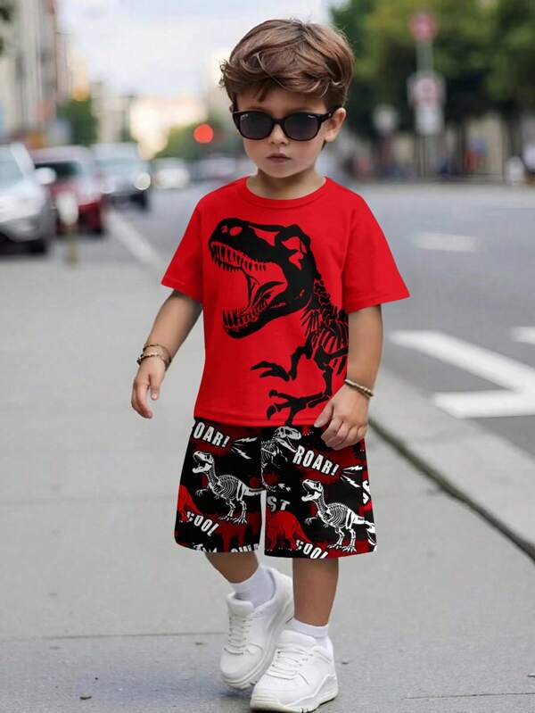 SHEIN 2pcs Young Boy Casual Dinosaur Print Short Sleeve T-Shirt And Shorts Summer Outfit