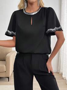 SHEIN Clasi Women's Elegant Black Summer Blouse,Sequin Party Night Casual Top With Front Keyhole,Raglan Short Sleeve,Silver Sequin Trim Collar Cuffs And Hem - Black - View 4