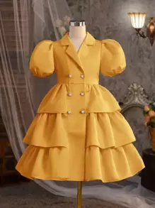 Young Girl Plain Collar Puff Sleeve Fitted Casual Dress - Gold - View 1
