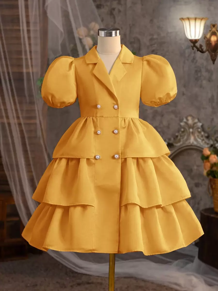 Young Girl Plain Collar Puff Sleeve Fitted Casual Dress - Gold - View 1