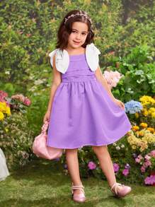 Young Girl Woven Solid Color Dress With 3D Bow Detailing - Mauve Purple - View 6