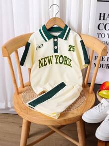 SHEIN 2pcs/Set Young Boys Short Sleeve Printed Polo Shirt + Matching Shorts, Versatile & Comfortable, Suitable For Daily Wear, Outdoor Activities, Travel, School, Spring/Summer