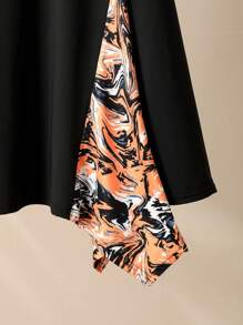 Lacomfia 2pcs Plus Size Colorblock Print Asymmetrical Top And Pants Set