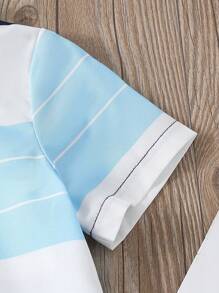 SHEIN 2件套男童条纹短袖单排扣衬衫和短裤套装 - 寶藍色 - 查看 6