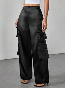 SHEIN PETITE Streetwear Spring Festival Clothing Satin Work Pants Women Trousers With 3D Pockets