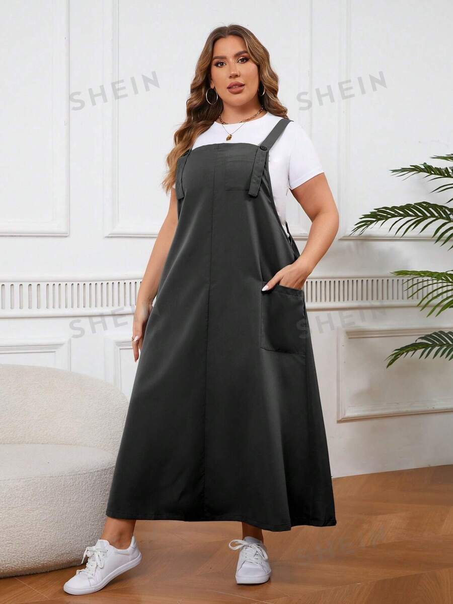 Calvaya Vestido maxi informal de talla grande para mujer de unicolor, con doble bolsillo y tirantes sueltos