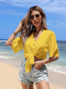 SHEIN VCAY 女士纯色单排扣短袖打结下摆短款衬衫 - 黃色 - 查看 3