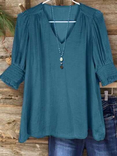 Linhara Koszula w stylu boho w dużym rozmiarze, z 3/4 rękawami i lnianym wyglądem, zapinana na guziki