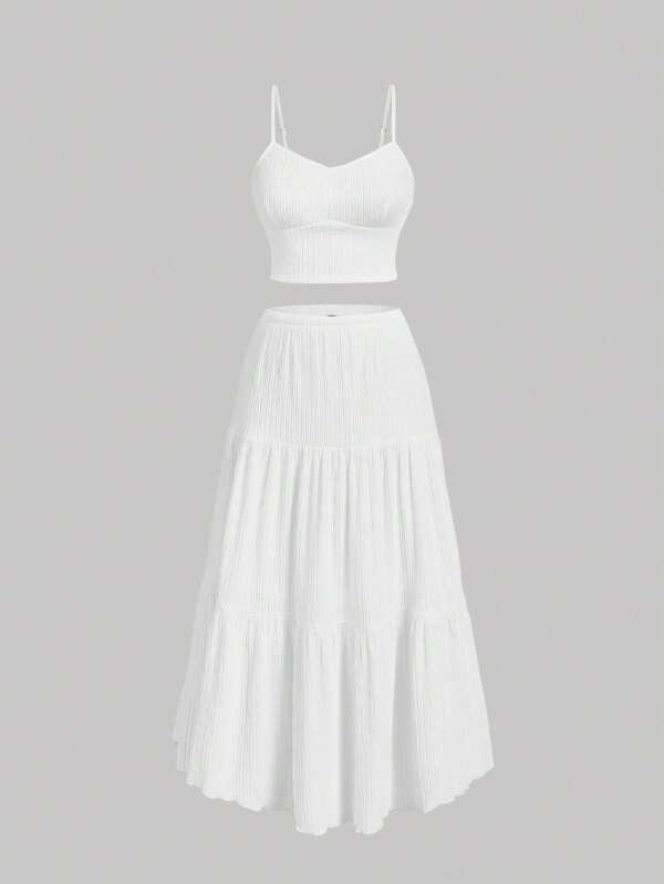 SHEIN MOD 2 Stücke/set Große Größen Damen Strick Struktur Weiß Trägerhemd und Damen lang Maxi Rock