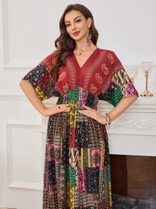 SHEIN Lacomfia Casual Modest Placement Floral Design Dress For Women - Red - View 2