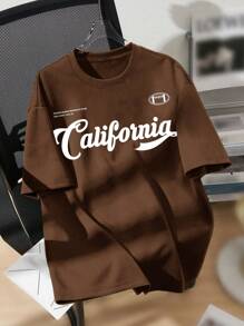 SHEIN Tween Boy Loose Fit Casual Sport Round Neck Pattern Short Sleeve T-Shirt - Brown - View 1
