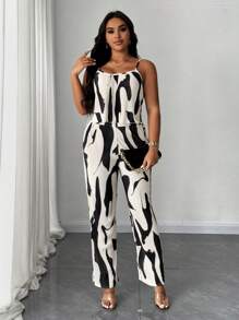 Celure 2pcs/Set Plus Size Women's Black & White Pleated Camisole Top And Casual Pants