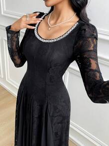 Modelyn Đầm ren thêu hoa cổ tròn thanh lịch, thắt eo bằng vải jacquard cho nữ - màu đen - Xem 4