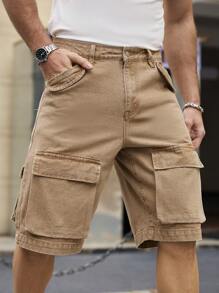 Manfinity Homme Men's Khaki Casual Cargo Denim Shorts, Solid Color Simple Fashion, Suitable For Summer - Khaki - View 6