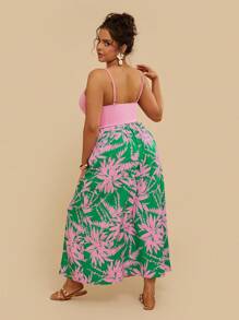Travachic Tropical Plus Size Casual Holiday Coconut Tree Print Pink Knit Camisole Top + Long Maxi Beach Skirt 2pcs Set, Summer Women