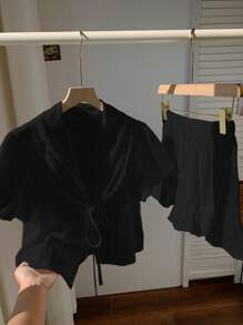 Comfortcana 2 件套大码女式纯色系带前衬衫配短裤，夏季