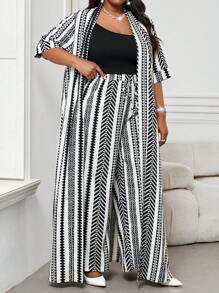 Fleurora Spring And Summer Autumn And Winter Elegant Commuting Office Black And White Woven Long Short Sleeve Plus Size Co-Ords Classy Outfits - Black and White - View 6