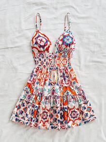 Soleia Women's Summer Vacation Style Colorful Sicilian Floral Print Hollow Back Layered Ruffle Hem Short Dress, Autumn,Sun Dress