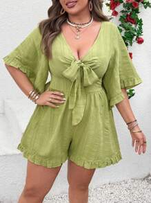 SHEIN Clasi Plus Size Women's V-Neck Twist Bowknot Flare Sleeve Textured Plaid Ruffled Short Jumpsuit - Green - View 1