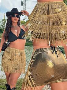 Flirla Minigonna aderente da donna con frange dorate in stile boho hippie cowgirl old money, adatta per primavera/estate, taglie comode