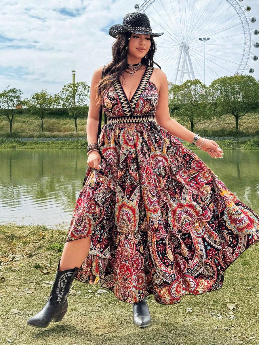 Sunnyshic Plus Size V-Neck Elastic Waist Festival, Boho, Hippie, Cowgirl Style, Old Money Print Chinese Style Fit And Flare Dress, Elegant Loose Cut For Holiday, Date, Party