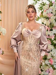 Glamrae 加大码优雅奢华香槟色长袖缎面拼布刺绣蕾丝亮片鱼尾裙，带侧褶，性感露背系带，适合婚礼、单身派对、度假、宴会、婚礼宾客礼服、正式礼服、晚礼服、长袍 - 香檳色 - 查看 4